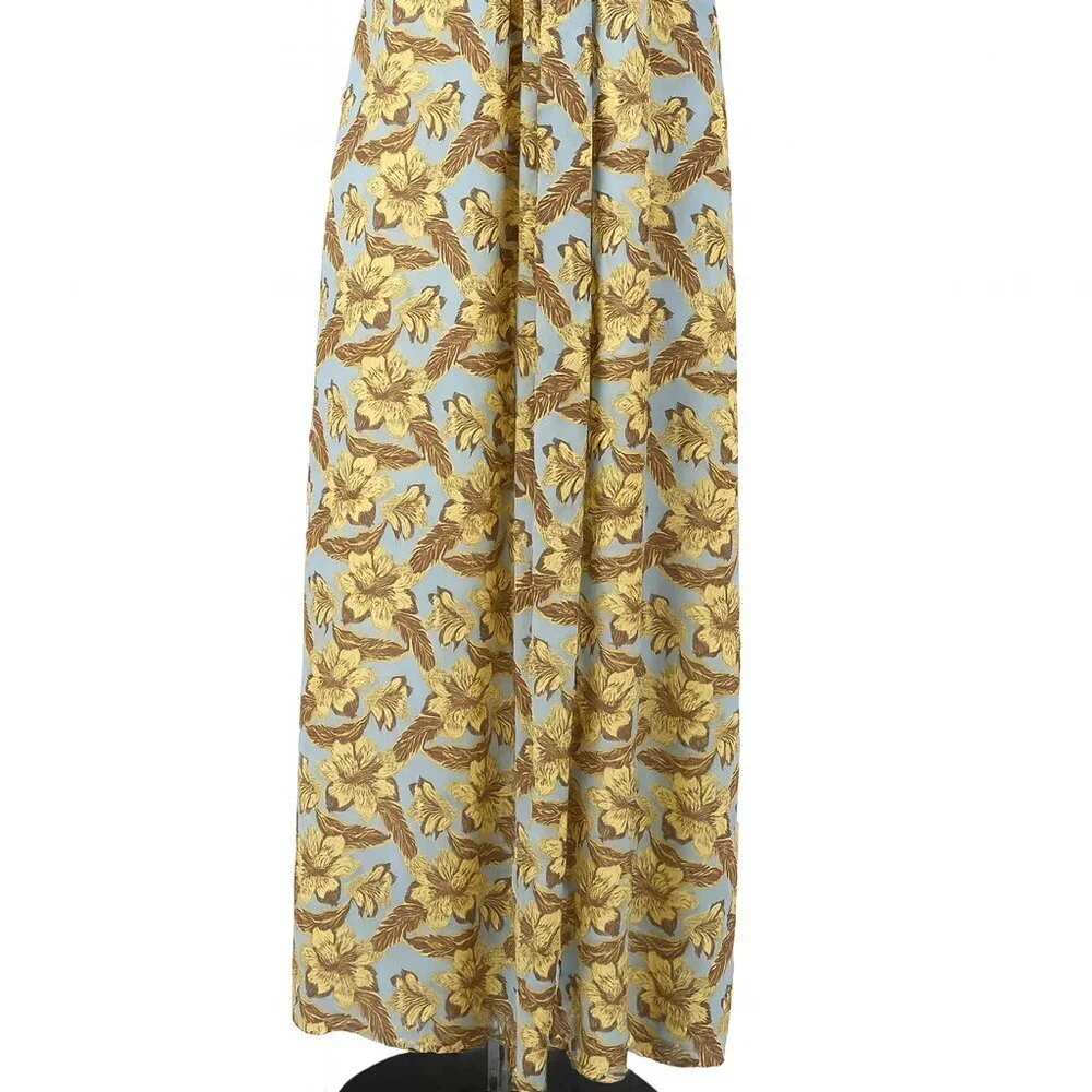 Light Blue Floral Maxi Skirt with Yellow and Brown Print